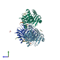 PDB entry 3p37 coloured by chain, side view.