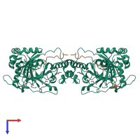 Hetero tetrameric assembly 1 of PDB entry 3p3p coloured by chemically distinct molecules, top view.