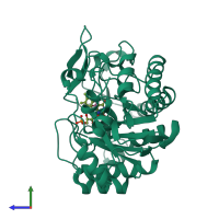 PDB entry 3p62 coloured by chain, side view.