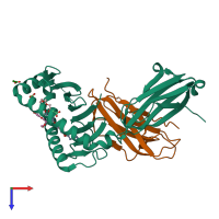 PDB entry 3p77 coloured by chain, top view.