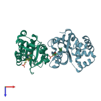 PDB entry 3p7n coloured by chain, top view.