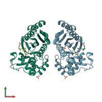 PDB entry 3pae coloured by chain, front view.