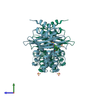 PDB entry 3pae coloured by chain, side view.