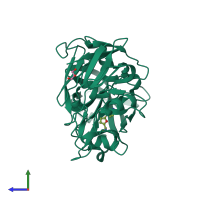 PDB entry 3pb5 coloured by chain, side view.