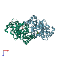 PDB entry 3pby coloured by chain, top view.