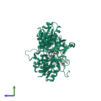 PDB entry 3pc3 coloured by chain, side view.