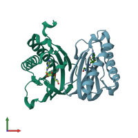 PDB entry 3pd2 coloured by chain, front view.