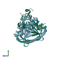 PDB entry 3pd2 coloured by chain, side view.