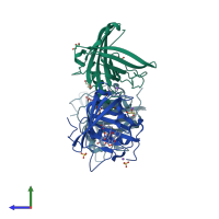 PDB entry 3pec coloured by chain, side view.