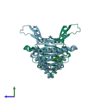 PDB entry 3peh coloured by chain, side view.