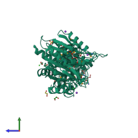 PDB entry 3pei coloured by chain, side view.