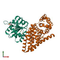 PDB entry 3pev coloured by chain, front view.