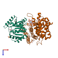 PDB entry 3pev coloured by chain, top view.