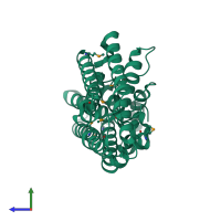 PDB entry 3pf0 coloured by chain, side view.