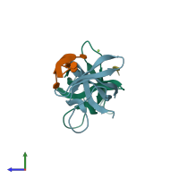 PDB entry 3pf5 coloured by chain, side view.