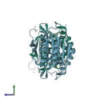 PDB entry 3pfb coloured by chain, side view.