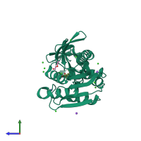 PDB entry 3pfc coloured by chain, side view.