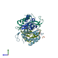 PDB entry 3pg6 coloured by chain, side view.