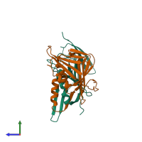 PDB entry 3pge coloured by chain, side view.