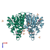 PDB entry 3pgt coloured by chain, top view.