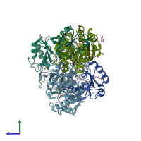 PDB entry 3pgv coloured by chain, side view.