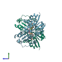 PDB entry 3phi coloured by chain, side view.
