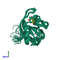 PDB entry 3phy coloured by chain, ensemble of 26 models, side view.