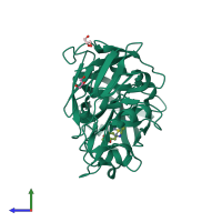 PDB entry 3pi0 coloured by chain, side view.