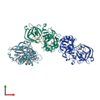 PDB entry 3pi5 coloured by chain, front view.