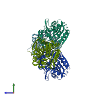 PDB entry 3pi6 coloured by chain, side view.