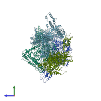 PDB entry 3pie coloured by chain, side view.