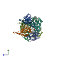 PDB entry 3pja coloured by chain, side view.