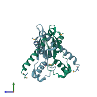 PDB entry 3pjv coloured by chain, side view.