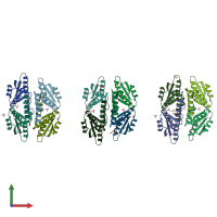 PDB entry 3pkz coloured by chain, front view.