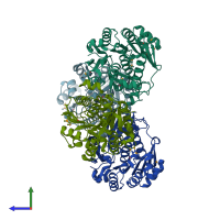 PDB entry 3pl2 coloured by chain, side view.