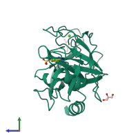 PDB entry 3plb coloured by chain, side view.