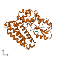 Hetero dimeric assembly 1 of PDB entry 3plf coloured by chemically distinct molecules, front view.