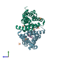 PDB entry 3pm1 coloured by chain, side view.