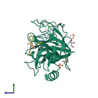 PDB entry 3pm3 coloured by chain, side view.