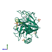 PDB entry 3pmj coloured by chain, side view.