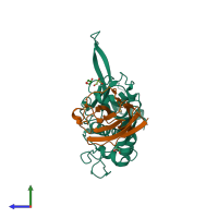 PDB entry 3pnr coloured by chain, side view.