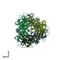 PDB entry 3pnx coloured by chain, side view.