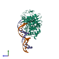 PDB entry 3pov coloured by chain, side view.