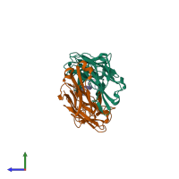 PDB entry 3pp4 coloured by chain, side view.