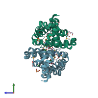 PDB entry 3ppb coloured by chain, side view.