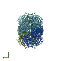 PDB entry 3pq5 coloured by chain, side view.