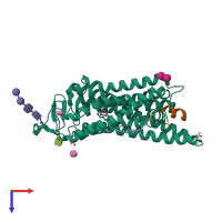 Hetero dimeric assembly 1 of PDB entry 3pqr coloured by chemically distinct molecules, top view.