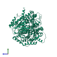 PDB entry 3pre coloured by chain, side view.