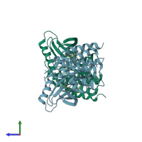 PDB entry 3prf coloured by chain, side view.