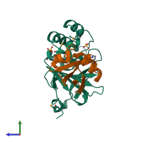 PDB entry 3pt2 coloured by chain, side view.
